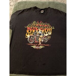 Y2K Harley Davidson Motorcycles Girl Pin Up Flame Shirt 2x Goth Skater Destroyed